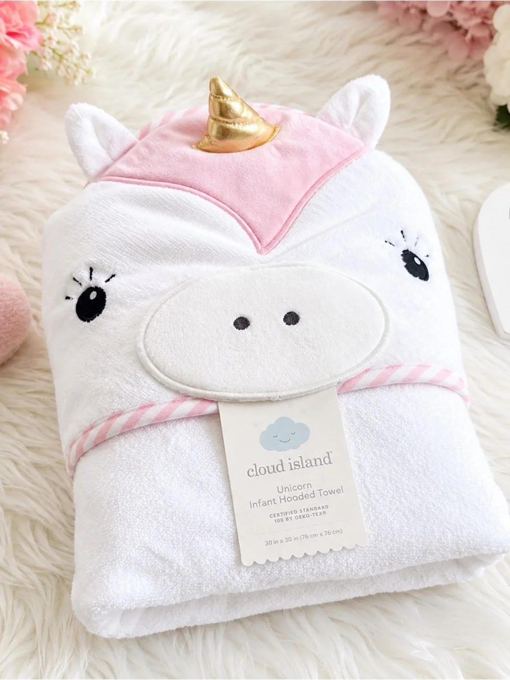 cloud island Baby Unicorn Hooded Towel in White, Pink & Gold 30”x30”